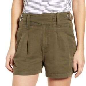 Current Elliott The Baro Pleated Belted High Rise Shorts Olive Green 3"